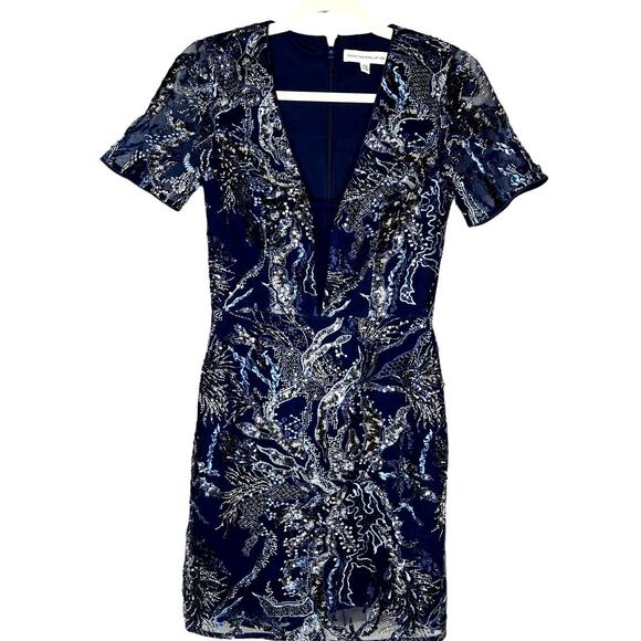 Dress‎ the Population, Mini V-Neck Short Sleeve, Embroidered & Beaded, XS, Navy - Picture 1 of 5